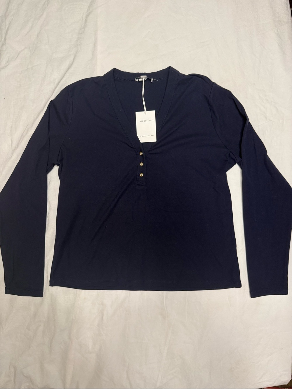 Free Assembly Navy Long-Sleeve Henley Top with Button Placket Very Soft XL 16-18